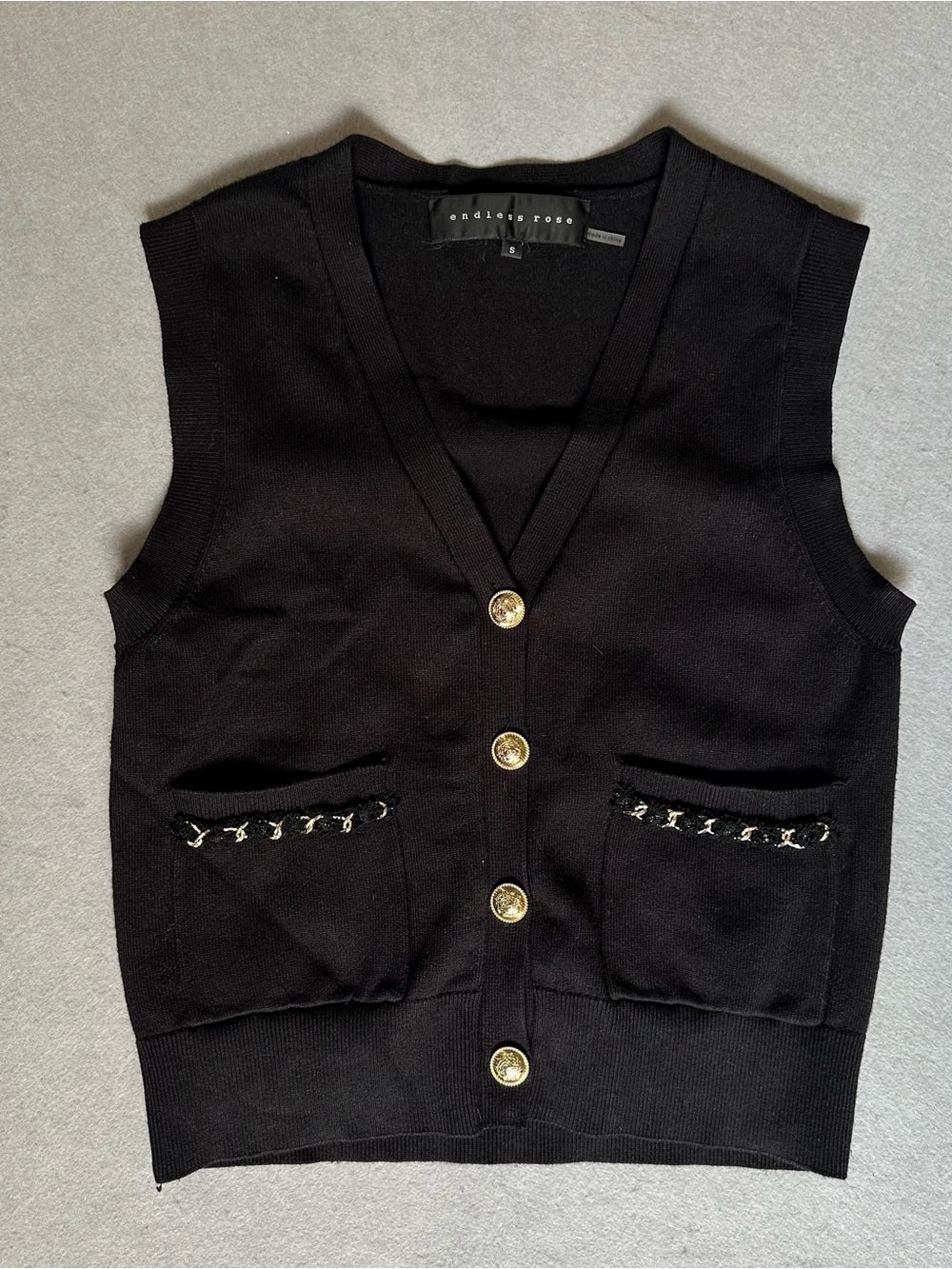 Endless Rose Black Knit Vest with Gold Buttons